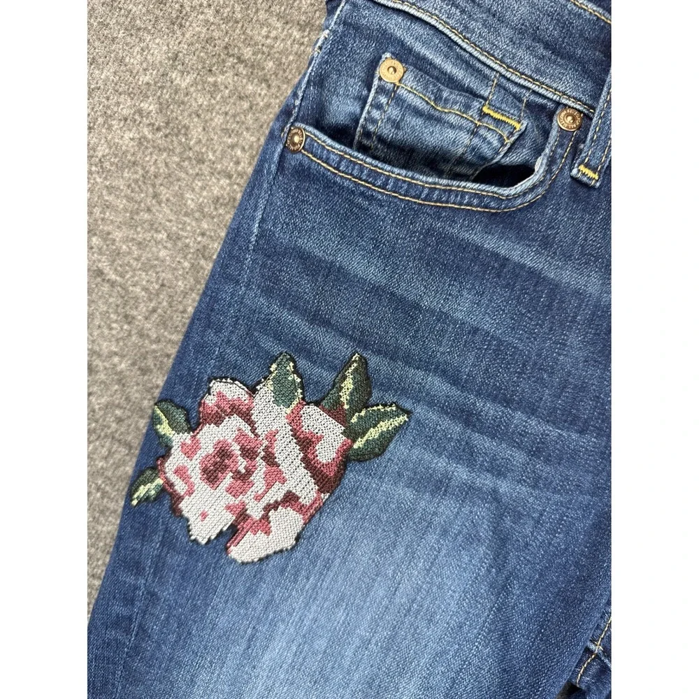 7 For All Mankind Blue Skinny Jeans with Pink Rose Embroidery